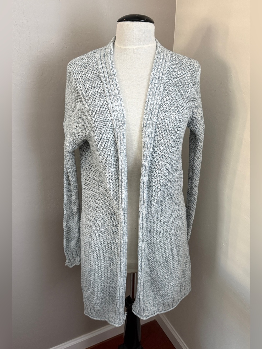 Faherty Open Front Knit Fisherman Long Cardigan Heather Blue size Small